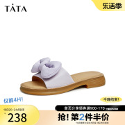 tata他她牛皮一字拖鞋女蝴蝶结，平底凉鞋女春季年夏季yaw01bt3