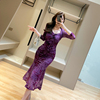 梅花织绒网纱紫色连衣裙秋季法式成熟性感方领修身包臀鱼尾裙
