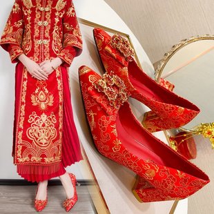 中式秀禾鞋婚鞋女新娘孕妇婚纱两穿平底粗跟结婚鞋子新娘鞋不累脚