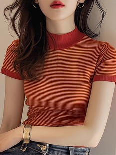 今年流行漂亮的橘红色条纹针织，短袖t恤女春季2024小香风上衣