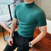 短袖t恤男韩版修身纯色半高领，针织打底衫，英伦型男紧身休闲百搭t恤