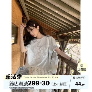 馨帮帮 自制韩系chic刺绣蕾丝蝴蝶结上衣印花短袖T恤女2024