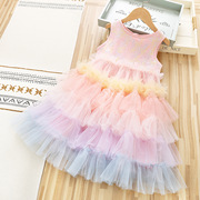 女童夏季连衣裙2024洋气，儿童彩虹蛋糕，裙女宝背心亮片礼服纱裙