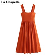 拉夏贝尔/La Chapelle夏季吊带连衣裙高腰韩版方领显瘦长裙女