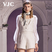 VJC/威杰思春夏女装方领衬衣珍珠蕾丝绣花修身短款上衣