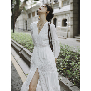 taiyang自制原创复古法式v领连衣裙长款开叉，重磅水溶蕾丝裙白色