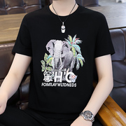 大象t恤男短袖夏季动物印花冰，丝棉黑色圆领，体恤高端透气半袖上衣