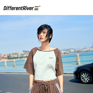 DifferentRiver2023夏季美式复古风女士短款休闲撞色插肩T恤