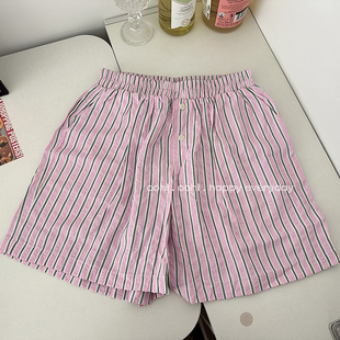 粉绿色日系条纹短裤，天丝棉宽松薄款夏季居家短裤睡裤女