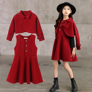 韩国女童冬装中大童，时髦红色呢大衣女孩，新年小香风呢子连衣裙套装