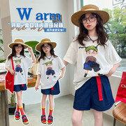 2024夏季女童套装夏装韩版洋气卡通女孩印花短袖短裤两件套潮
