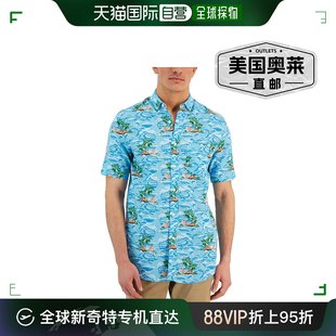 clubroom男式亚麻混纺，印花夏威夷印花衬衫-海岛蓝美国奥莱