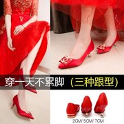 红色婚鞋女细跟高跟鞋秀禾龙凤鞋，中式方扣结婚鞋子新娘鞋中跟孕妇
