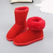 红色雪地靴女冬中短筒真皮显瘦婚鞋圆头加厚冬季牛皮保暖棉鞋