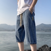夏季薄五分牛仔短裤男士七分裤，韩版潮流宽松直筒，抽绳松紧腰中裤子