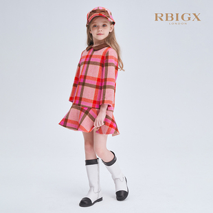 rbigx瑞比克童装秋冬撞色翻领格纹女童羊毛，加厚潮流连衣裙