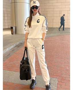欧货时尚白色套装女韩版立领，拉链t恤休闲长裤减龄运动服两件套潮