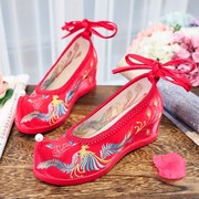 中式结婚绣花鞋女汉服鞋内增高古风新娘婚鞋红色配古装高跟秀禾鞋