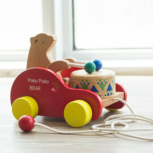 学步拖拉牵引木制早教玩具，儿童益智榉木，小熊敲鼓拉拉车彩盒版