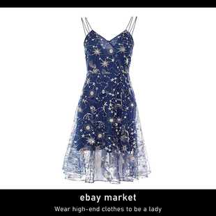 ebay设计师款梦幻星空深蓝色绣花吊带连衣裙子显瘦宴会晚礼服长裙