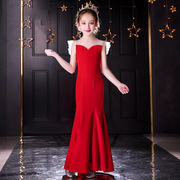 红色长款小主持人演出服模特，走秀公主裙欧美女晚礼服儿童礼服