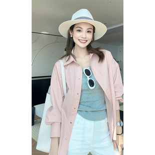 美洋meiyang蔷薇粉衬衫温柔气质通勤ol银扣长袖直筒衬衣
