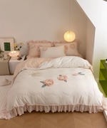 韩国外贸纯色华夫格高密纯棉，盘花四季被绗缝，床盖四件套床上用品