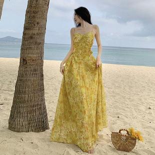 品质2023日落法式柠檬黄连衣裙碎花长裙印花度假沙滩裙超仙长