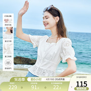 betu百图女装2024年夏季镂空蕾丝白色衬衫，短袖方领衬衣上衣