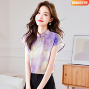 新中式国风立领衬衫女短袖夏季复古真丝衬衣高贵紫色盘扣上衣