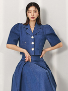 dint韩国2023年春女装西装，领单排扣短袖牛仔，外套上衣j1850