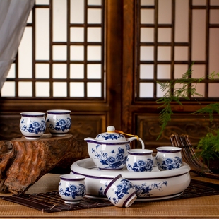 景德镇瓷茶具套装青花金边牡丹家用整套陶瓷功夫茶杯茶壶双层茶盘