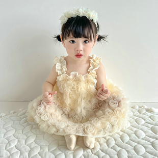 韩版婴幼童装重工玫瑰花公主裙，周岁女宝宝夏装蕾丝花朵吊带连衣裙