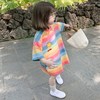 2023夏季儿童条纹童装韩版女童，洋气中长款短袖t恤彩虹连衣裙.