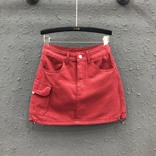 网红大红色休闲工装裙女夏季时尚，a字包臀，牛仔短裙显瘦半身裙