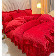 冬季床上珊瑚绒夹棉加厚床裙四件套结婚庆大红色床罩法兰绒纯