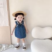 女童套装2023夏装韩版婴幼儿童，条纹无袖背心，牛仔背带裙两件套