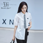 XG雪歌白色短袖衬衫2023夏季领带搭配纯棉上衣女XI221404A851