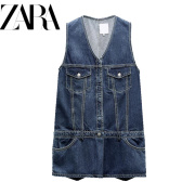 ZA 24蓝色休闲V领无袖口袋牛仔连体裤式短连衣裙 5520082 400