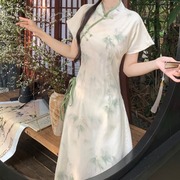 夏季新中式国风小清新少女绿色，改良旗袍连衣裙胖妹妹修身时尚长裙