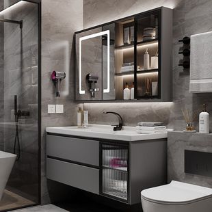 现代轻奢智能浴室柜组合卫生间，陶瓷一体洗漱台洗手洗脸盆镜柜