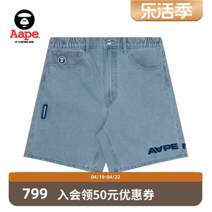 aape男装春夏猿颜徽章字母刺绣，水洗牛仔潮流宽松休闲短裤a670xxm