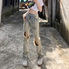 欧美辣妹做旧破洞高腰牛仔裤女夏季设计感高街直筒拖地长裤子