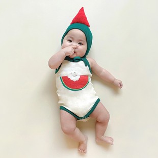2023夏季韩版婴儿连体衣，ins款西瓜印花造型，哈衣男宝宝包屁衣