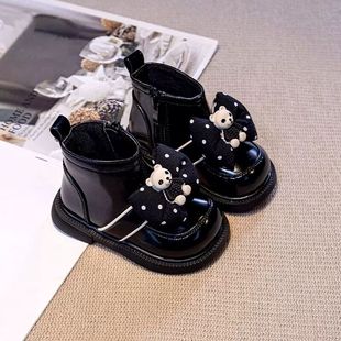 女童短靴冬季女宝宝加绒棉鞋，马丁靴婴儿童公主鞋小童学步鞋子皮鞋