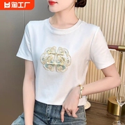 新中式刺绣盘扣短袖t恤女夏季显瘦百搭国风，上衣时尚设计感t恤