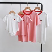 刺绣草莓亲子装一家三口四口洋气母子母女装夏装短袖t恤家庭装