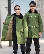 青少年军大衣东北大棉袄男童女童，中长款加厚加棉保暖军绿色纯棉衣