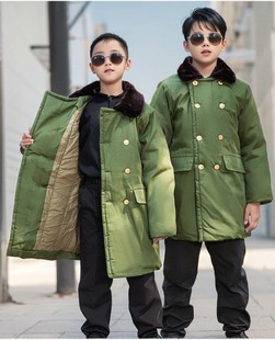 青少年军大衣东北大棉袄，男童女童中长款加厚加棉保暖军绿色纯棉衣