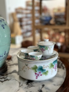 潮州功夫茶具整套 手绘葡萄花鸟纹陶瓷蛋壳杯 摹古老式工夫茶船